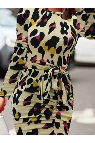 Moka Shopin Mokashopin Women's Long Sleeve Round Neck Waist Belted Front Slit Knitted Crepe Dress