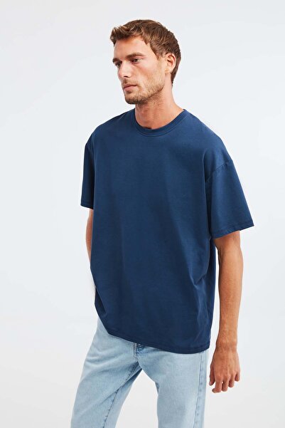 GRIMELANGE Jett Erkek Oversize Fit %100 Organik Pamuk Kalın Dokulu Bisiklet Yakalı Lacivert T-shirt