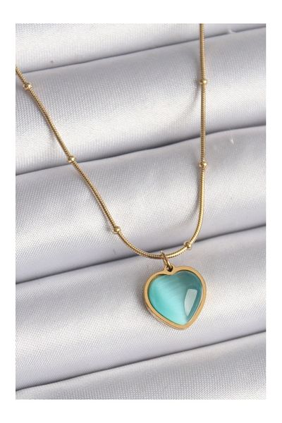 Store 316L Steel Gold Color Blue Cat Eye Pearlescent Heart Model Women's Necklace