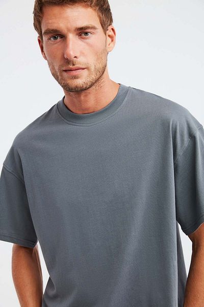 GRIMELANGE Jett Men - Light Gray Oversize Cycling Collar Thick Textured Cotton T-Shirt