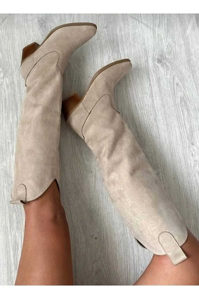 LUNA SHOES Γυναικείες καουμπόικες μπότες μπεζ-κρεμ Χειμερινές μπότες κάτω από το γόνατο Μπότες νέας σεζόν