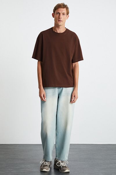 GRIMELANGE Jett Men - Bitter Brown Oversize T-shirt, 100% bawełna organiczna, gruba teksturowana koszulka z okrągłym dekoltem