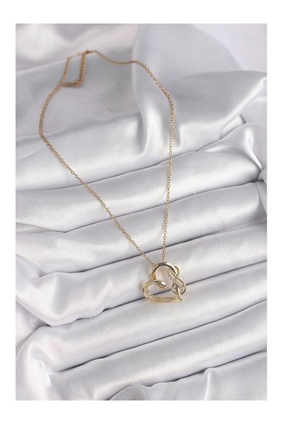 Clariss 316L Steel Gold Color Chain Zircon Stone Detailed Heart Model Infinity Detail Women's Necklace
