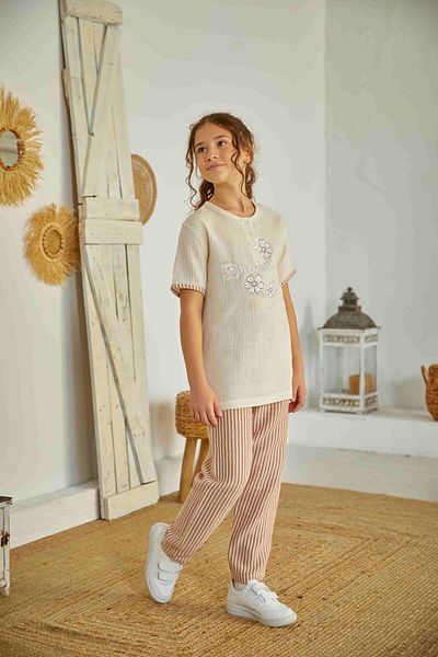 Weweus Girl's Ecru Pajama Set - Buttoned 804