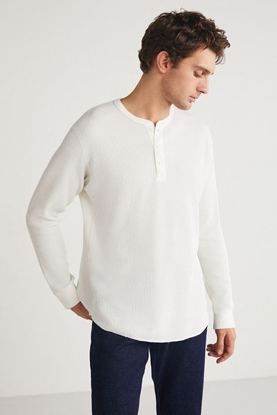 GRIMELANGE Patrick Men's Waffle Knitwear - Special Texture, Thick Premium Fabric White T-Shirt