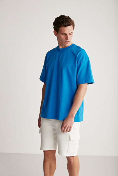 GRIMELANGE Jett Men - Saks Blue Oversize póló, 100% organikus pamut, vastag textúrájú nyakú