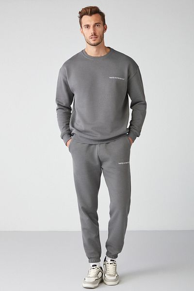 GRIMELANGE Marshall Herren-Trainingsanzug-Set aus Baumwolle, Fleece-Innenseite, bestickt, entspannt, grau
