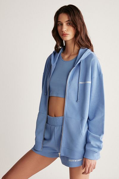 GRIMELANGE Amethys Damen-Sweatshirt aus übergroßer Bio-Baumwolle mit Reißverschluss und Kapuze in Blau mit Fleece-Innenseite