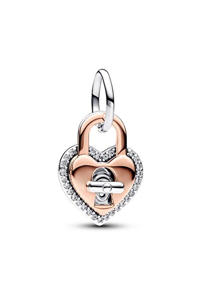 Pandora İki Renkli Bükülebilir Kalpli Asma Kilit Çift Sallantılı Charm