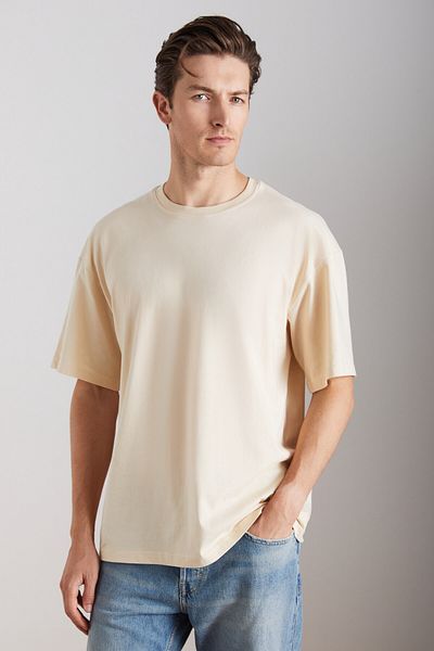 GRIMELANGE Ανδρικό μπλουζάκι Jett Oversize Fit 100% οργανικό βαμβάκι με χοντρή υφή με λαιμόκοψη βανίλια