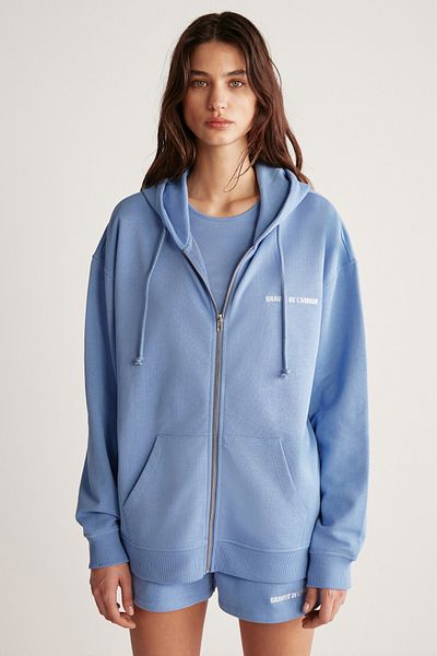 GRIMELANGE Amethys Damen-Sweatshirt aus übergroßer Bio-Baumwolle mit Reißverschluss und Kapuze in Blau mit Fleece-Innenseite