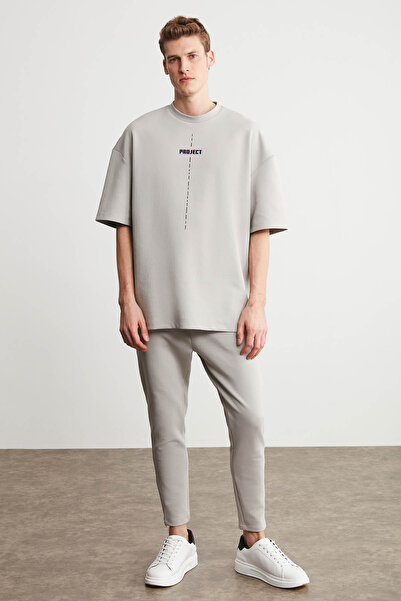 GRIMELANGE Project Men - Šedé oversize tričko Crew Neck 100% organická bavlna