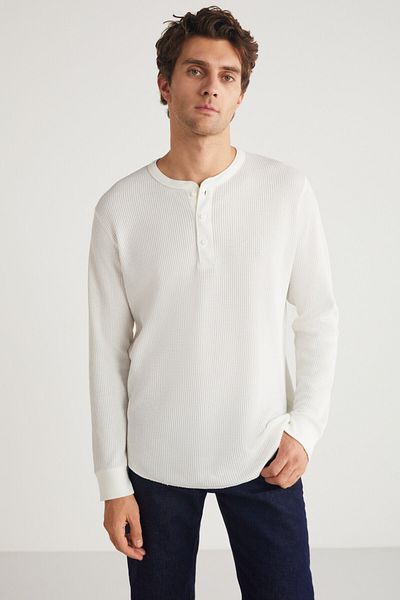 GRIMELANGE Patrick Men's Waffle Knitwear - Special Texture, Thick Premium Fabric White T-Shirt
