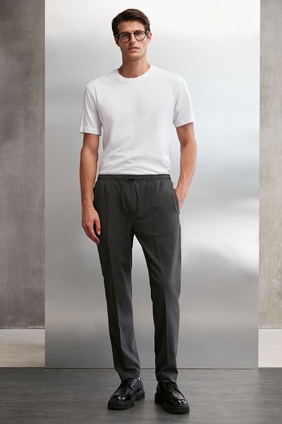 GRIMELANGE Blaz Herren-Hose aus gewebtem Stoff mit elastischem Bund, schmale Passform, anthrazitfarbene Hose mit Kordeltaschen