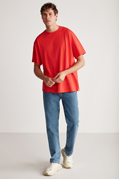 GRIMELANGE Jett Men - Red Oversize Crew Neck 100% Cotton T-Shirt