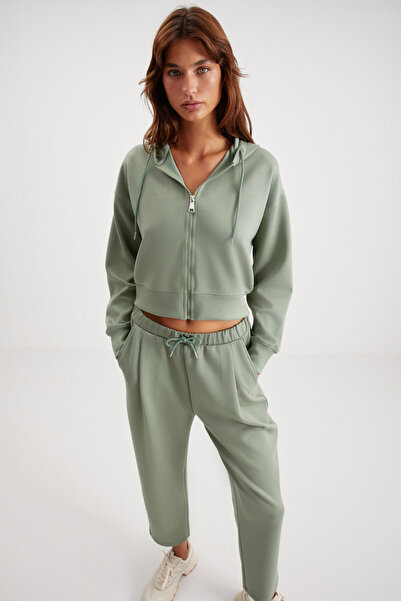 GRIMELANGE Gıada Kadın Beli Lastikli Kısa Rahat Paçalı Relaxed Fit Organik Pamuklu Mint Yeşil Eşofman Altı