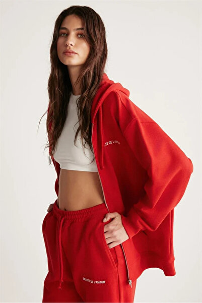 GRIMELANGE Amethys Women's Oversize Organic Cotton Metal Zippered Hooded Fleece Inside Red Sweatshirt