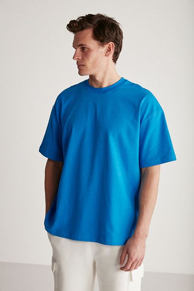 GRIMELANGE Tricou Jett pentru bărbați, cu croială supradimensionată, 100% bumbac organic, cu textura groasă, cu gât de bicicletă, albastru Saks