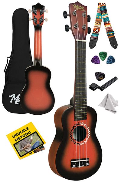 Midex UKX-600RD Sunburs Εφέ Μαόνι Κοντσερτά Ukulele Πλήρες Σετ