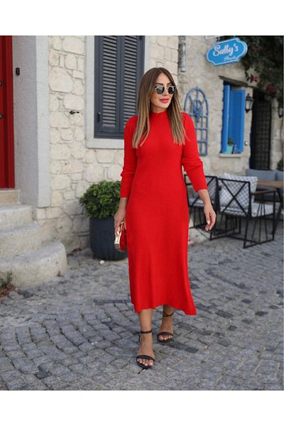 Moka Shopin Mokashopin Women's Long Sleeve Semi Turtleneck Back Window Detail Lace up Midi Knitwear Dress