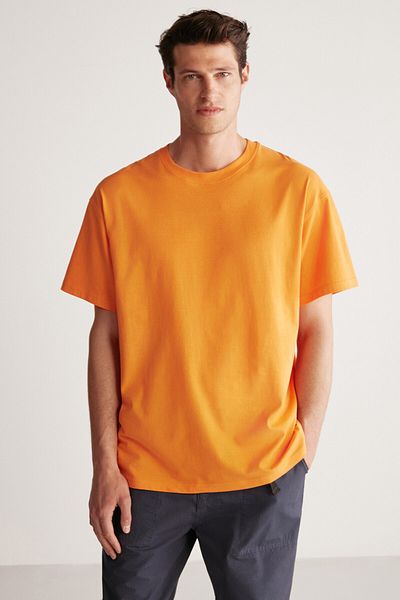 GRIMELANGE Jett Men - Πορτοκαλί μπλουζάκι Oversize με λαιμόκοψη 100% οργανικό βαμβάκι