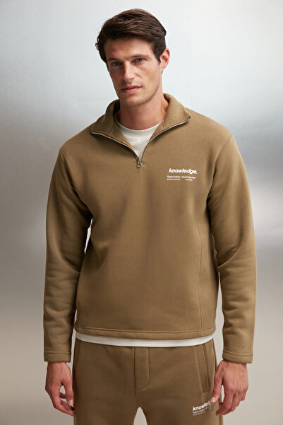GRIMELANGE Halden Erkek Içi Polarlı Dik Yaka Yarım Fermuarlı Baskı Detaylı Regular Haki Sweatshirt