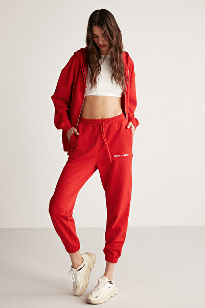 GRIMELANGE Carrolıne Kadın Rahat Kesim Nakış Işlemeli Beli Ve Paçası Lastikli Kırmızı Eşofman Altı