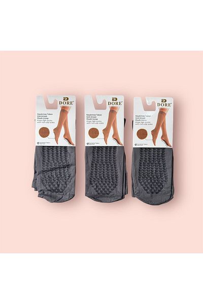 Dore Women's Gray Anti-Slip Hajj and Umrah Tavaf Socks Knee Socks 3-Piece