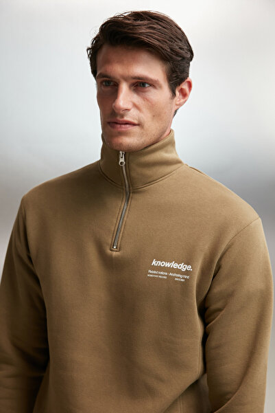 GRIMELANGE Halden Erkek Içi Polarlı Dik Yaka Yarım Fermuarlı Baskı Detaylı Regular Haki Sweatshirt