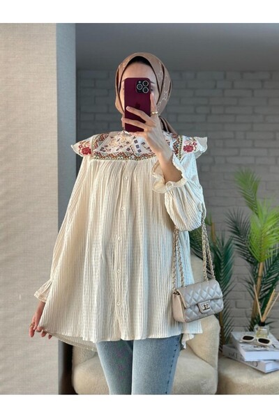 Modamorfo Ethnic Patterned Wrapped Tunic with Elastic Sleeves -Beige