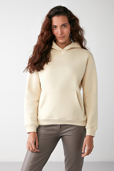 GRIMELANGE Γυναικεία Adel - Βανίλια από οργανικό βαμβάκι, φλις, μαλακό και καγκουρό φούτερ με κουκούλα