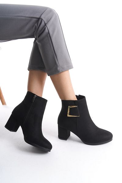 Santamarina Women's Athens Black Suede Buckle Detailed Heeled Short Boots