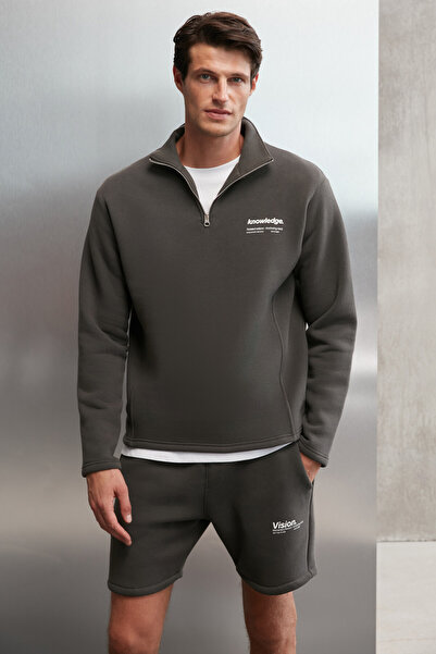 GRIMELANGE Halden Pánská vnitřní fleecová mikina se stojáčkem Poloviční zip P...