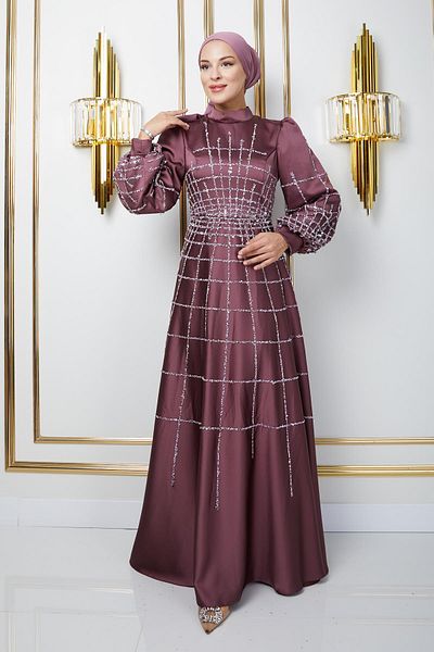 Olcay Hijab-Abendkleid aus Satin mit Steinen und Pailletten – DRIED ROSE 1675