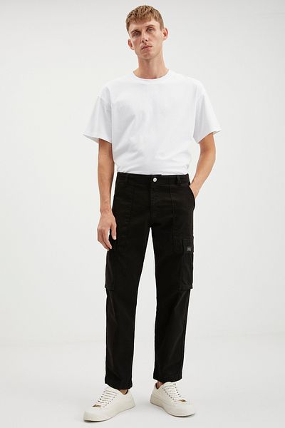 GRIMELANGE Brando Men's Cargo Denim 5-Pocket Washed Ornamental Label Detailed Thick Textured Stretch Black Jeans