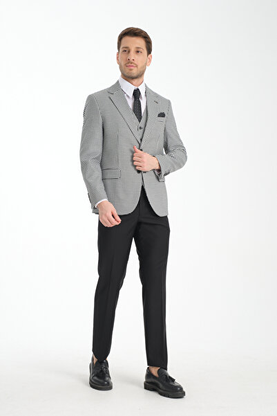 Frappoli Kazayağı Slim Fit Desenli Mono Yaka Çift Yırtmaçlı Astarlı Takim Elbise