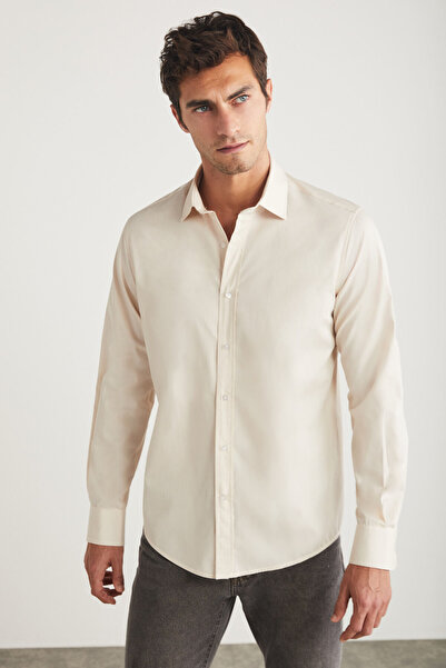 GRIMELANGE Carlsten Men's Slim Fit Italian Collar 100% Cotton Poplin Light Beige Shirt