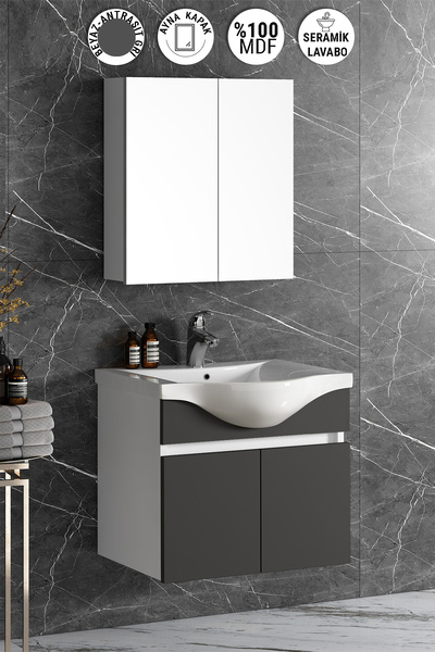 ÖZCEDEN Yıldız 65 Cm Beyaz-antrasit Gri Mat Mdf Seramik Lavabolu Asma Banyo Dolabı Takımı
