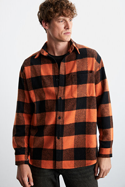 GRIMELANGE Wildy Чоловіча сорочка з бавовни та поліестеру, комір Relaxed, сорочка кольору деревного помаранчевого