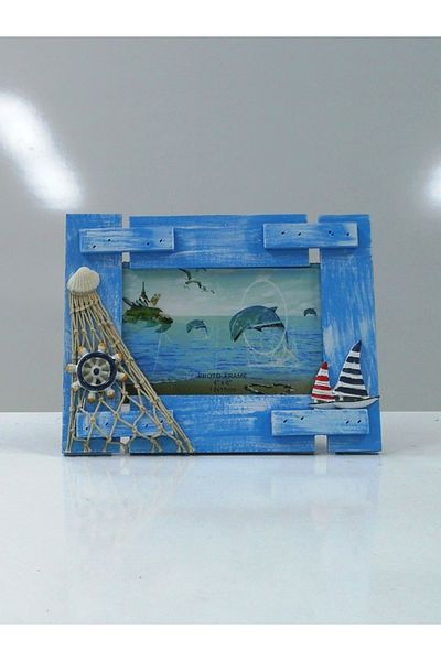 SUME Ramă foto orizontală cu ornament de rețea de navă din lemn 21x17