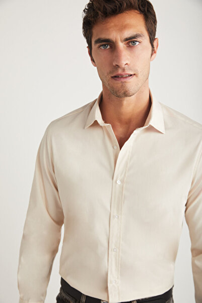 GRIMELANGE Carlsten Men's Slim Fit Italian Collar 100% Cotton Poplin Light Beige Shirt