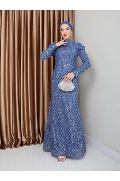 Olcay Saténové večerné šaty z rybieho hidžábu s rukávmi - modrá 1676