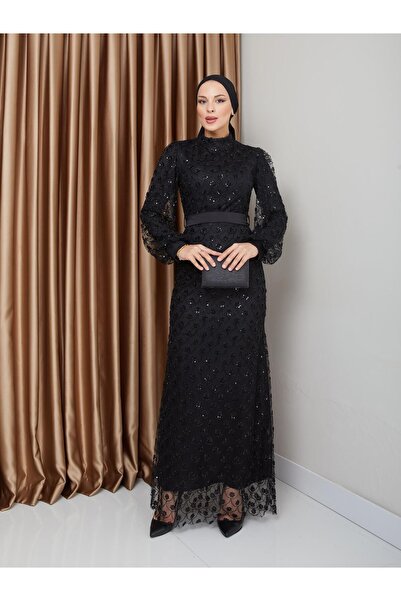 Olcay Černé večerní šaty z hidžábu s detaily z flitrů a korálků - pas 1229