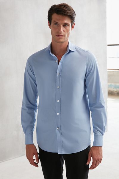 GRIMELANGE Carlsten pánský Slim Fit italský límec 100% bavlna popelínová modrá košile