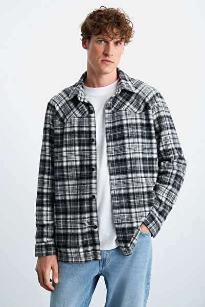 GRIMELANGE Allenı Erkek Pamuk Gömlek Yaka Relaxed Oduncu Siyah Gömlek