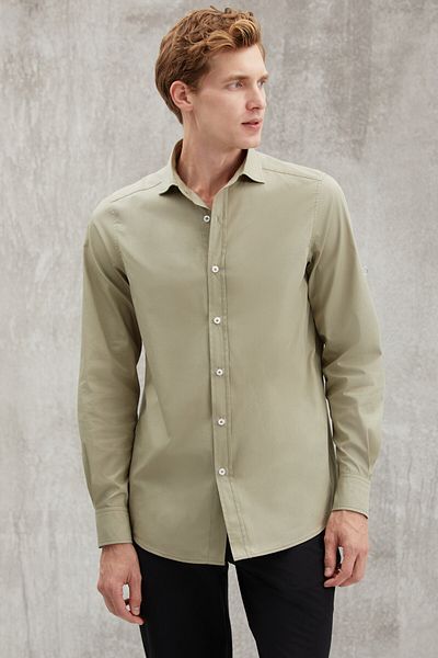 GRIMELANGE Carlsten Herren-Hemd, Slim-Fit, italienischer Kragen, 100 % Baumwoll-Popeline, hellkhakifarben