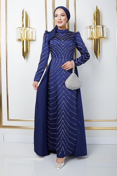 Olcay Navy Blue Satin Hijab Evening Dress with Front and Sleeves Stone Embellished Skirt with Cape