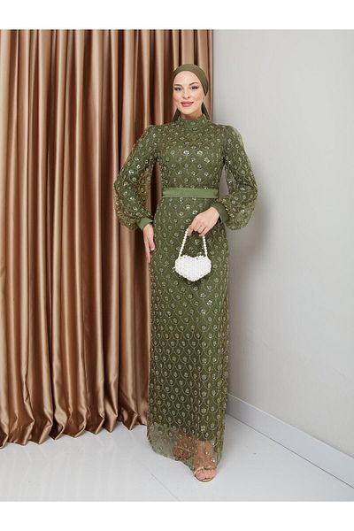 Olcay فستان سهرة حجاب مزين بالترتر والخرز - فستان بحزام الخصر كاكي 1229