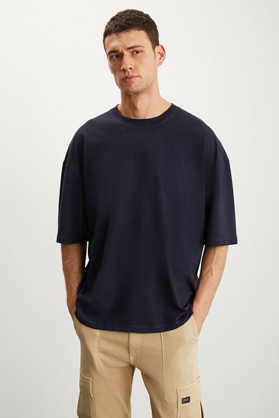 GRIMELANGE Tricou pentru bărbați Rhett, cu croială supradimensionată, 100% bumbac organic, tricotat de bază, albastru bleumarin
