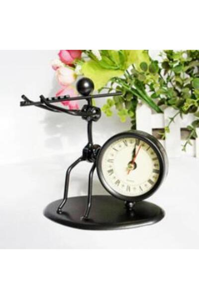 SUME Yan Flüt Çalan Metal Adam Masa Saati Ev Ofis Dekor Süs